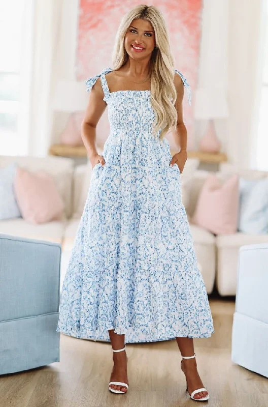 Summer Soiree Midi Dress - Blue and White Stylish High-Waisted Midi Dress