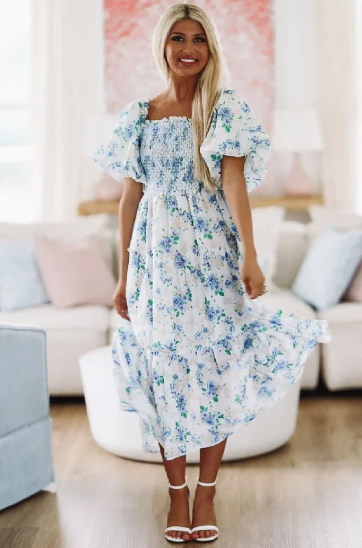 Sunday Morning Floral Midi Dress - Blue and White Stylish Color Block Midi Dress