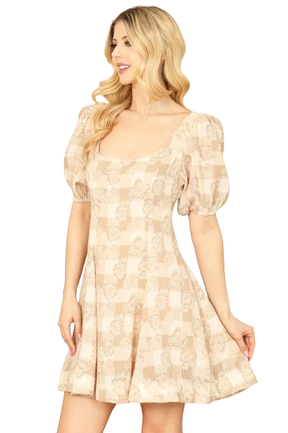 Taupe Square Neck Puff Sleeve Floral Plaid Mini Dress -  Pack of 5 Trendy Tulle Mini Dress