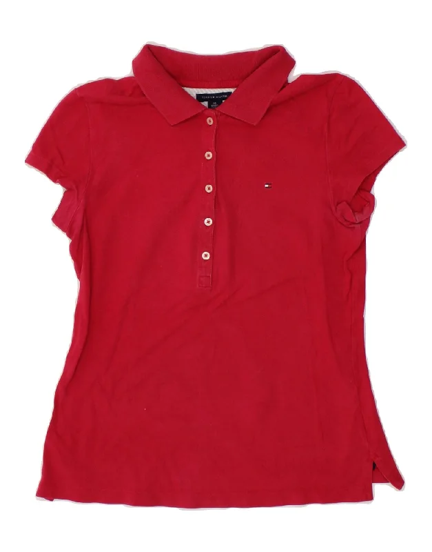 TOMMY HILFIGER Womens Polo Shirt UK 6 XS Red Cotton Fashionable Plaid Short Sleeve