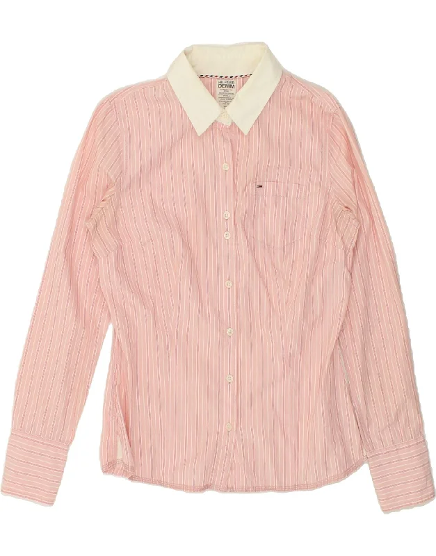 TOMMY HILFIGER Womens Shirt UK 12 Medium Pink Striped Chic Button-Up Short Shirt