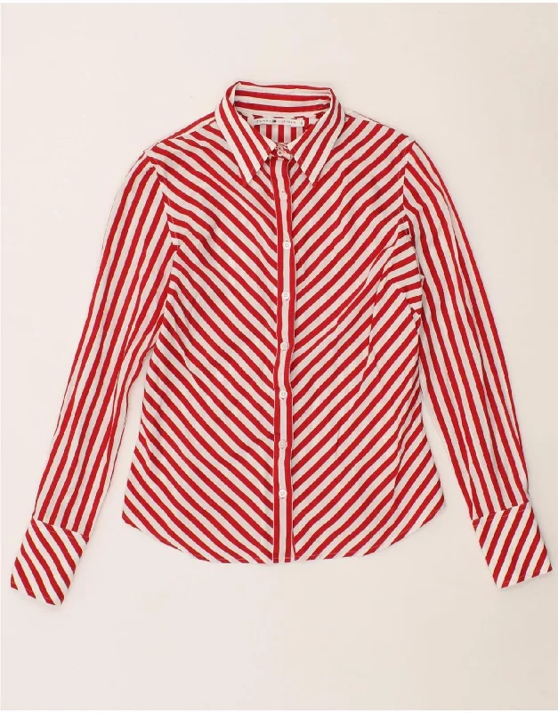 TOMMY HILFIGER Womens Shirt US 6 Medium Red Striped Cotton Elegant Draped Short Shirt