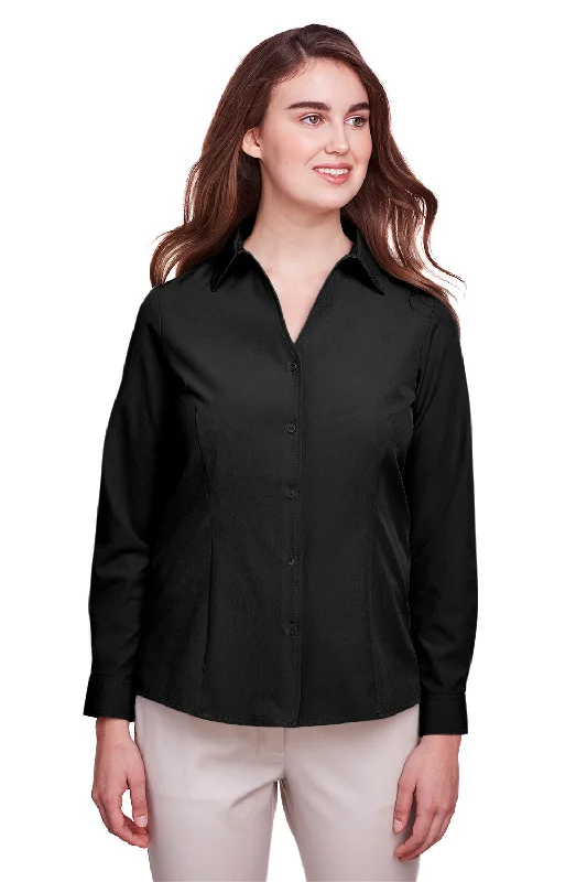 UltraClub Womens Bradley Performance Moisture Wicking Long Sleeve Button Down Shirt - Black Classic V-Neck Short Shirt