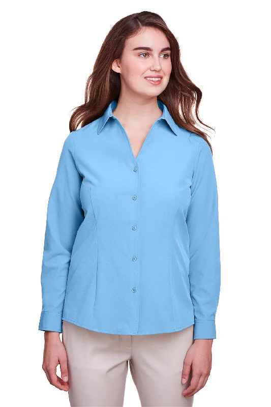 UltraClub Womens Bradley Performance Moisture Wicking Long Sleeve Button Down Shirt - Columbia Blue Casual Cotton Short Shirt