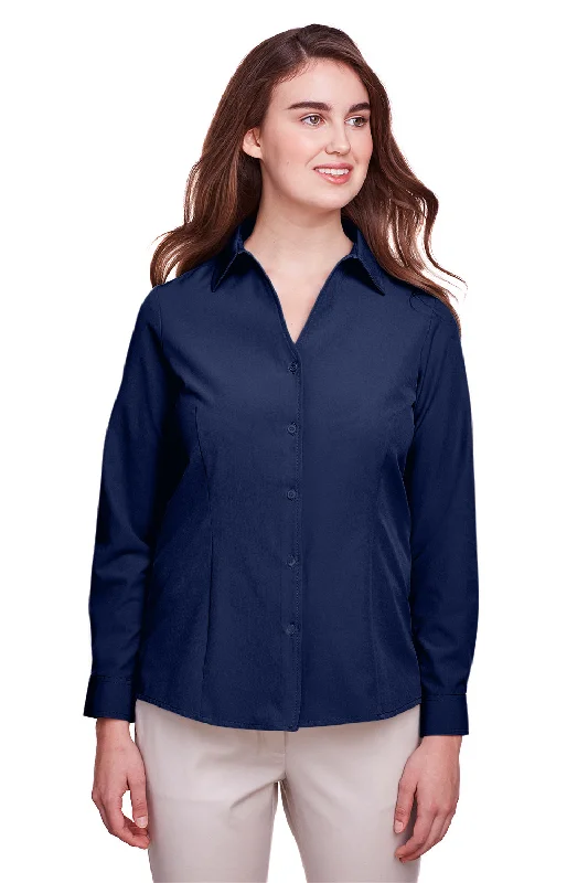 UltraClub Womens Bradley Performance Moisture Wicking Long Sleeve Button Down Shirt - Navy Blue Elegant High-Low Short Shirt