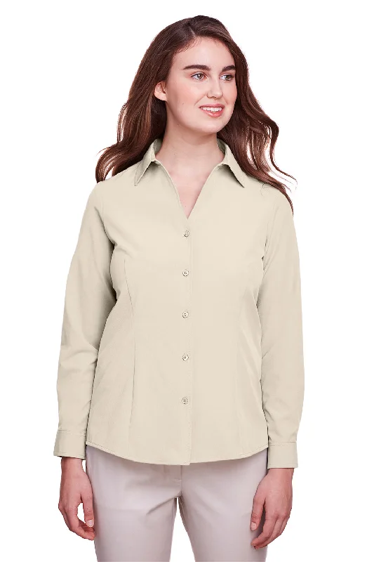 UltraClub Womens Bradley Performance Moisture Wicking Long Sleeve Button Down Shirt - Stone Fashionable Draped Short Sleeve