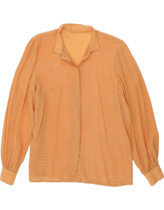 VINTAGE Womens Shirt Blouse UK 14 Medium Orange Check Relaxed Cotton Short Shirt