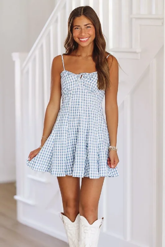 What it Seems Like Mini Dress - Blue and Ivory Fashionable Off-Shoulder Mini Dress