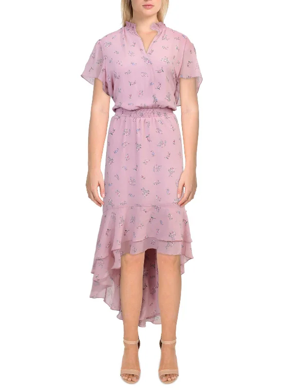 Womens Floral Print Ruffled Midi Dress Trendy Long Sleeve Midi Dress