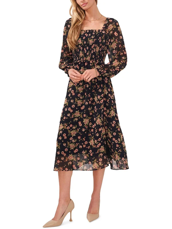 Womens Floral Square Neck Midi Dress Stylish Silk Midi Dress