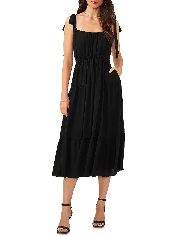 Womens Pleated Boho Midi Dress Stylish Cold Shoulder Midi Dress