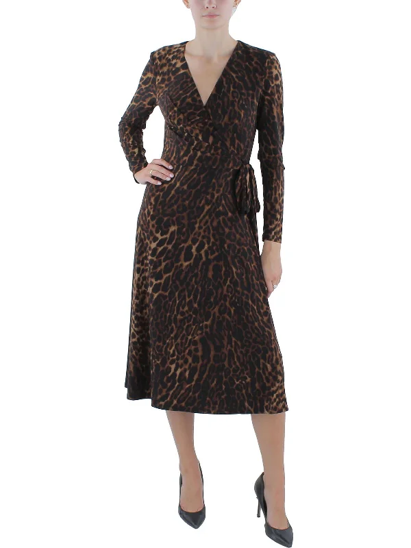 Womens Side Tie Animal Print Midi Dress Comfortable Button Front Midi Dress