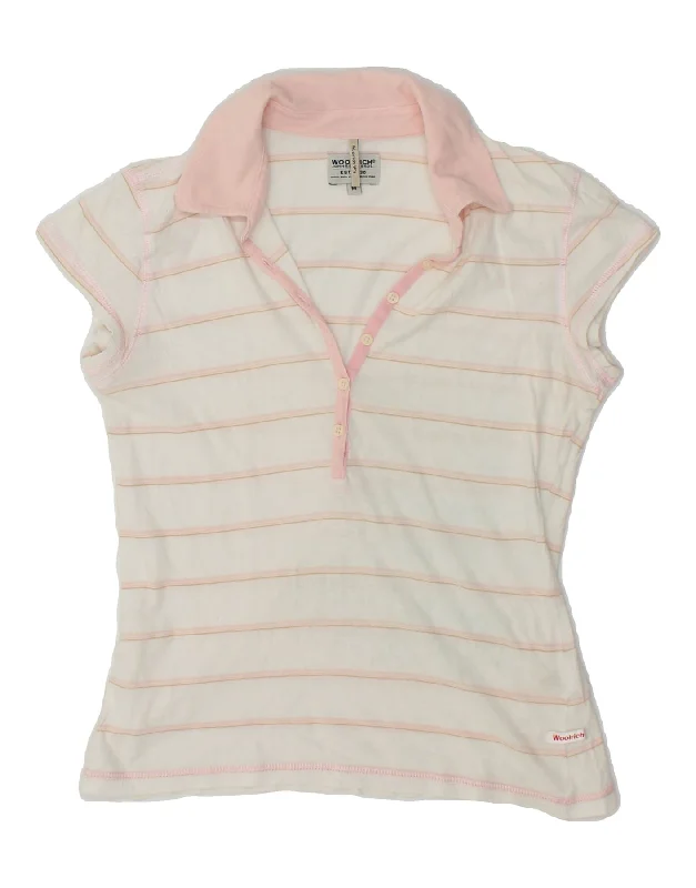 WOOLRICH Womens Polo Shirt UK 12 Medium Pink Striped Cotton Trendy Print Short Sleeve