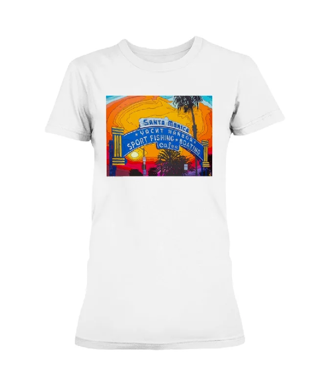 Santa Monica Pier Sign - Missy T-Shirt Front Pockets Side Pockets Patch Pockets