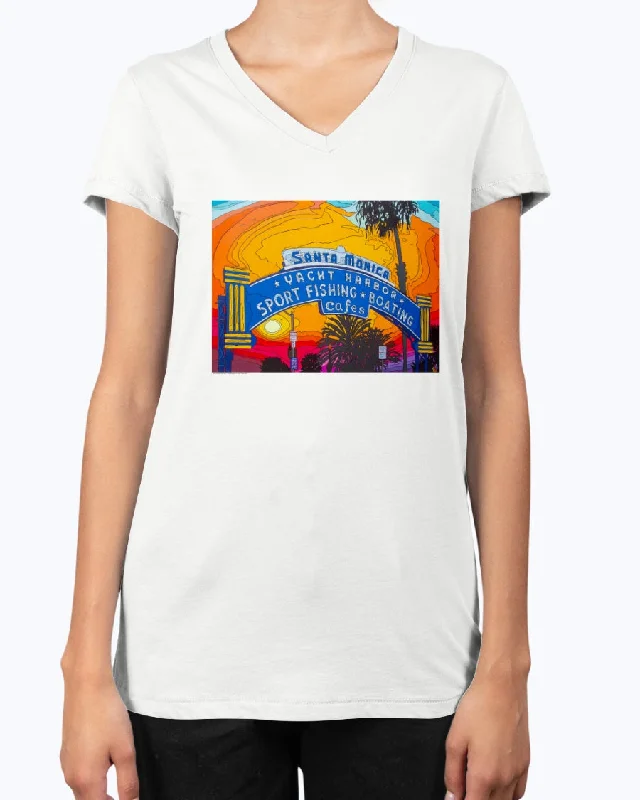 Santa Monica Pier Sign - V Neck Tee Elegant Classic Vintage