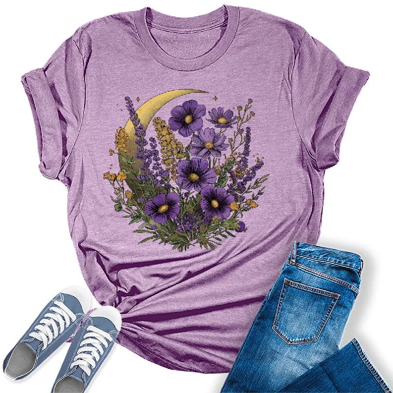 Crescent Moon Lavender Flower Graphic Tees for Women Lace Blend Ribbed Blend Corduroy Blend