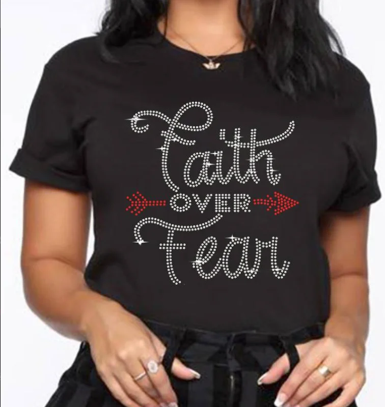 Faith Over Fear Rhinestone T-shirt, Short Sleeve Crew Neck Casual Top Oversized T-Shirt Spandex breathable