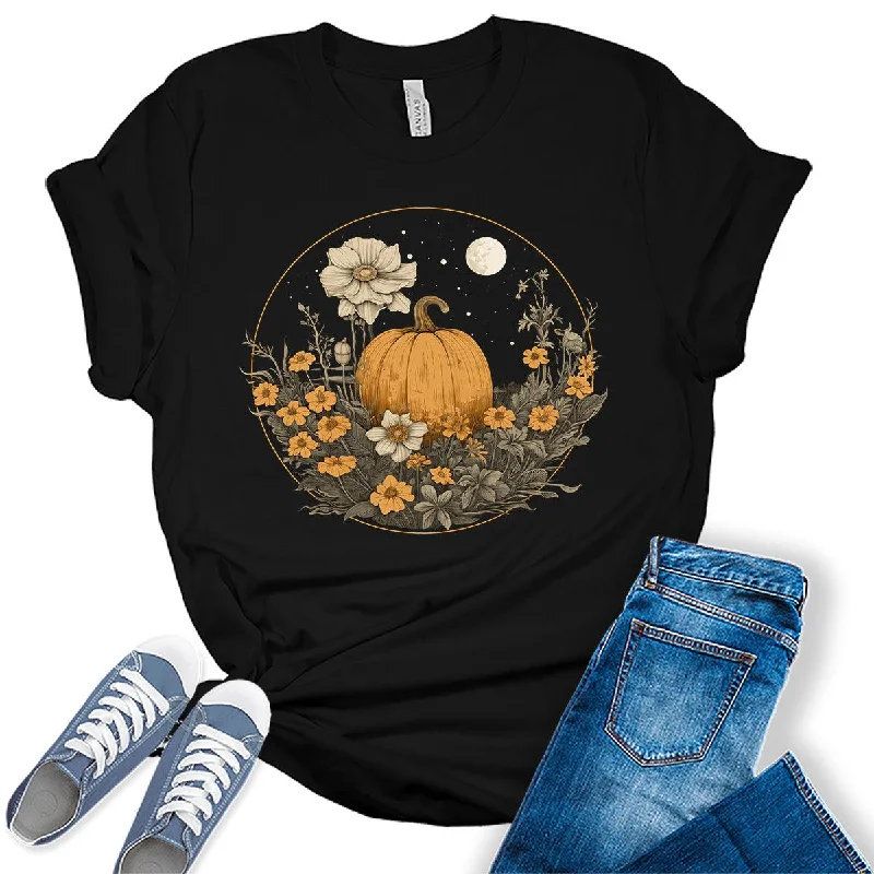 Pumpkin Cottagecore T-Shirt Womens Graphic Tees Vintage Flower Fall Shirts Girls Vintage Halloween Thanksgiving Tops Zippered Front Buttoned Front Snap Front