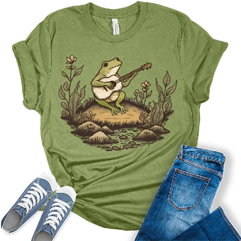 Frog Shirt Womens Cottagecore Shirts Cute Toad Playing Banjo Clothes Graphic Aesthetic T-Shirt Welt Pockets Slit Pockets