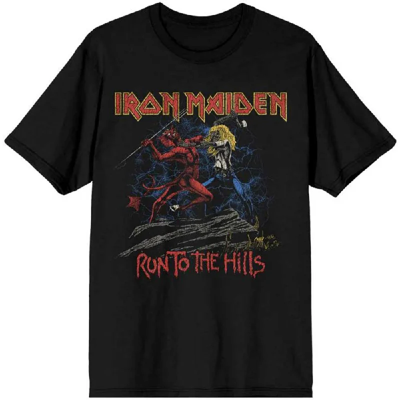 Iron Maiden | Official Band T-Shirt | Number of the Beast Run To The Hills Distress Boxy Fit Fitted Loose