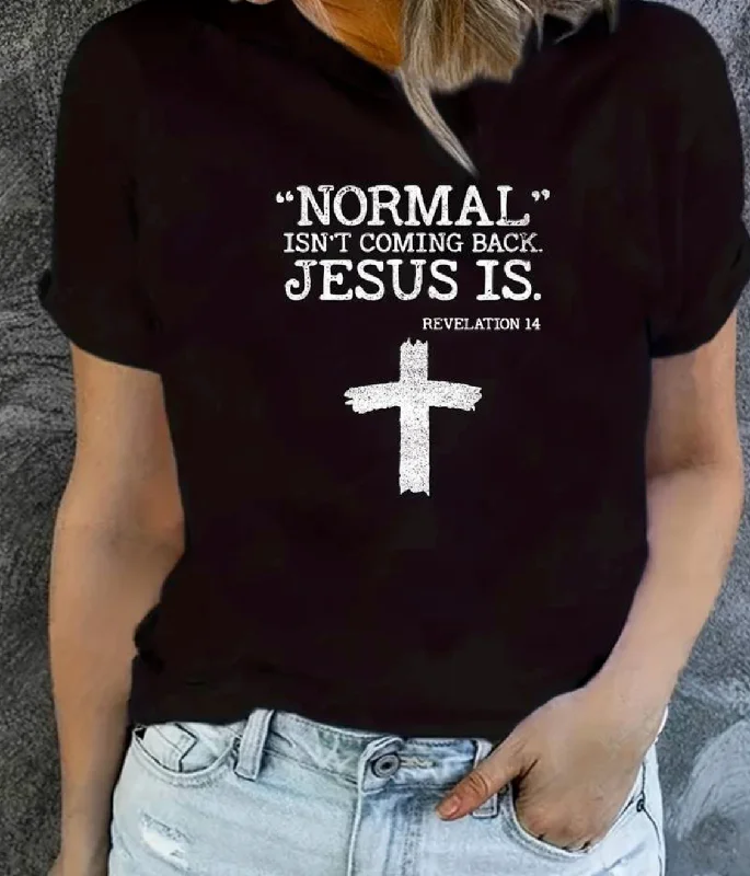 Jesus Is Print Faith Graphic T-Shirt, Short Sleeve Crew Neck Casual Top For Spring & Summer, Women's Clothing Iron Safe Non-Iron Wrinkle Free