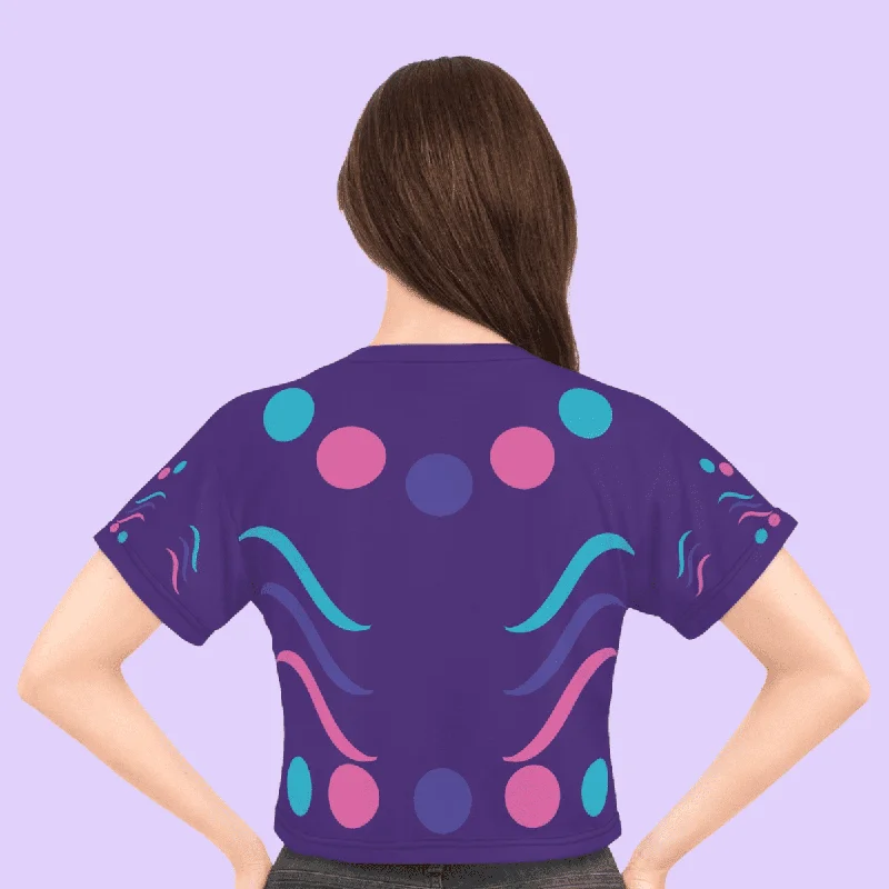 Purple Crop Tee With Pink And Blue Circles Hooded Caped Shawl Collar