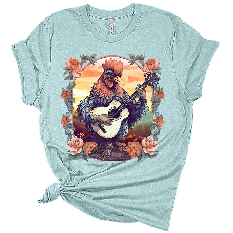 Womens Trendy Cottagecore Rooster Playing Guitar T-Shirt Aesthetic Graphic Tee Short Sleeve Top Chenille Fabric Brocade Fabric Lace Fabric