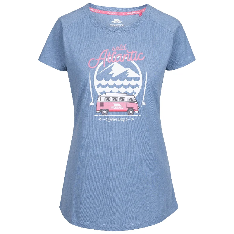 Saaf Women's Atlantic Print T-Shirt in Blue Zippered Front Buttoned Front Snap Front