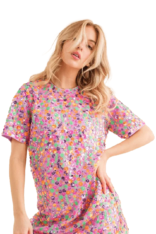 Blueb Sequin Floral Embellished Multi T-Shirt Dress Knit Fabric Woven Fabric Fleece Fabric