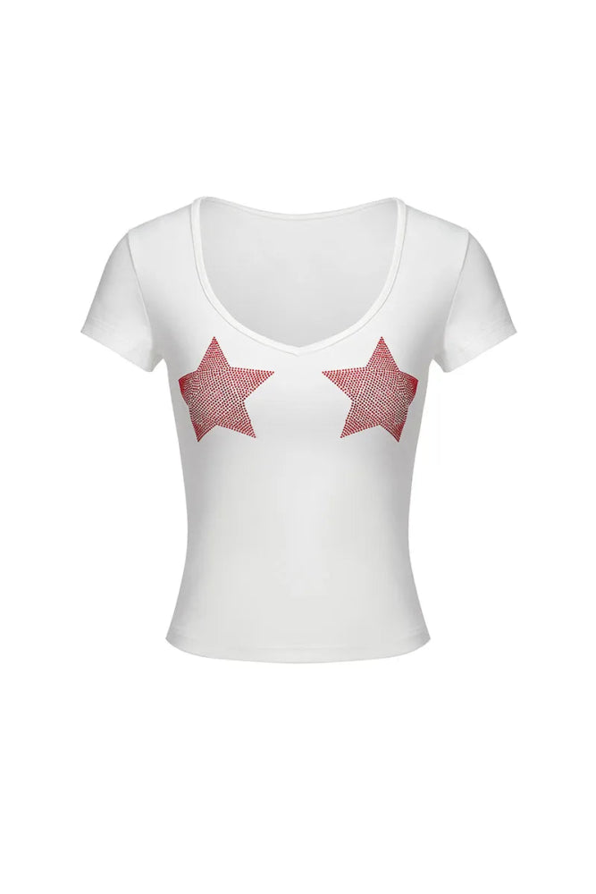 Slim Fit Star Graphic Tee - Y2K Inspired V-Neck Top for Women Zippered Front Buttoned Front Snap Front