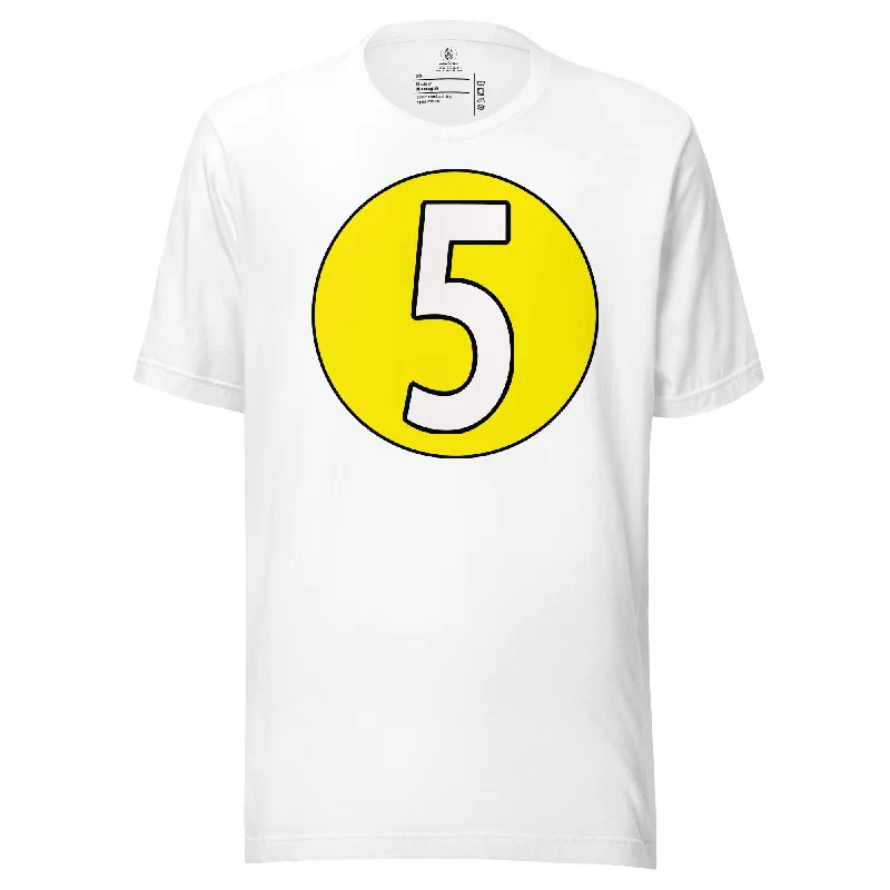 Unisex t-shirt: White on Yellow 5 Notch Collar Peter Pan Collar Cowl Neck