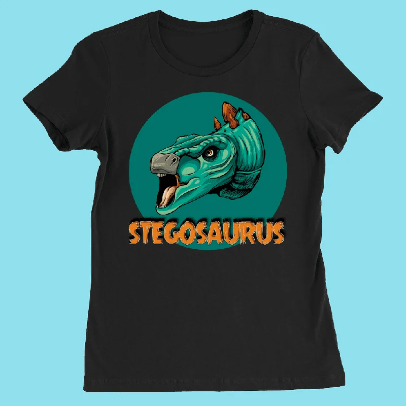 Women Stegosaurus Head T-Shirt Front Pockets Side Pockets Patch Pockets