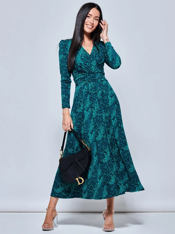 Animal Print Long Sleeve Maxi Dress, Green Animal Stylish Pleated A-Line Maxi Dress