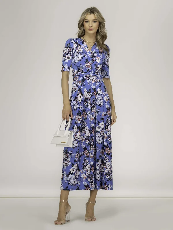 Beatrice Jersey Maxi Dress, Blue Floral Fashionable Maxi Dress with Fringe