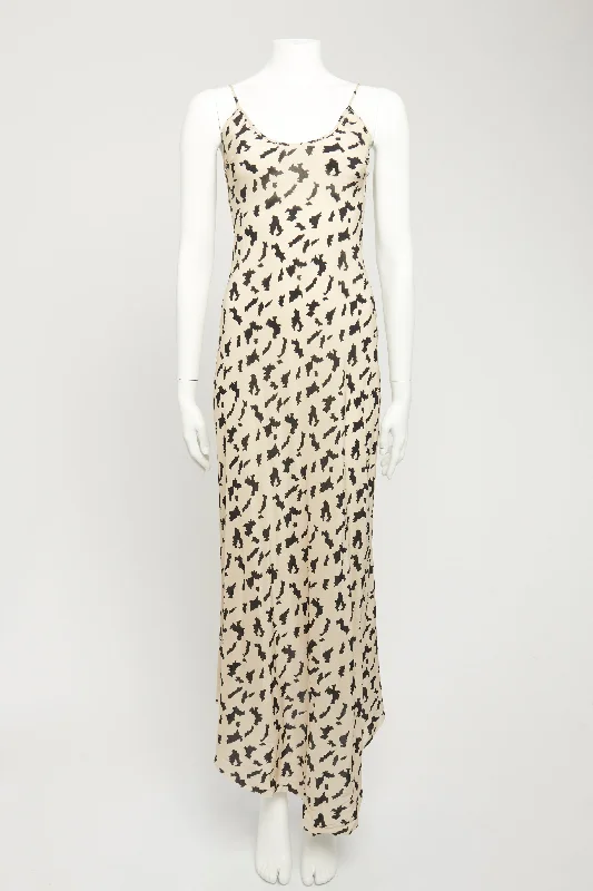 Beige Silk Preowned Dip-Hem Maxi Dress Cozy Open-Back Maxi Dress