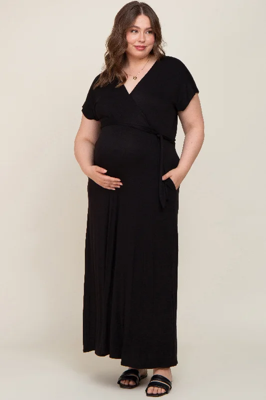 Black Basic Maternity Plus Wrap Maxi Dress Elegant Boho Maxi Dress