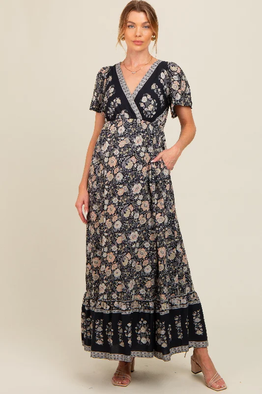 Black Floral Border Printed Woven Short Sleeve V-Neck Maternity Maxi Dress Trendy Floral Print Maxi Dress