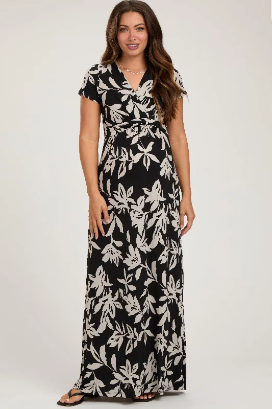 Black Floral V-Neck Maternity Maxi Dress Fashionable High-Low Maxi Dress