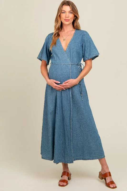 Blue Chambray Maternity Wrap Maxi Dress Cozy Maxi Dress with Slit