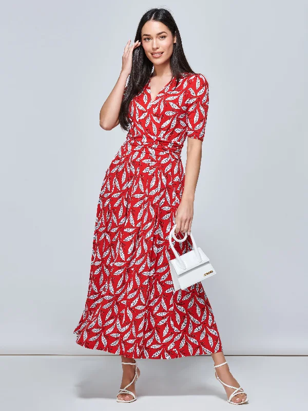 Coleen Wrap Maxi Dress, Red Leafy Trendy Off-Shoulder Ruffle Maxi Dress