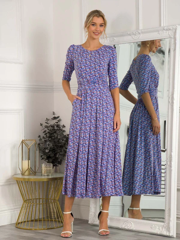 Dorothy 3/4 Sleeve Maxi Dress, Blue Floral Fashionable Chiffon Tiered Maxi Dress