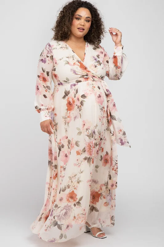 Cream Floral Chiffon Long Sleeve Pleated Maternity Maxi Dress Stylish Off-Shoulder Maxi Dress