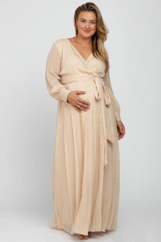 Cream Metallic Chiffon Maternity Plus Maxi Dress Stylish Longline Maxi Dress