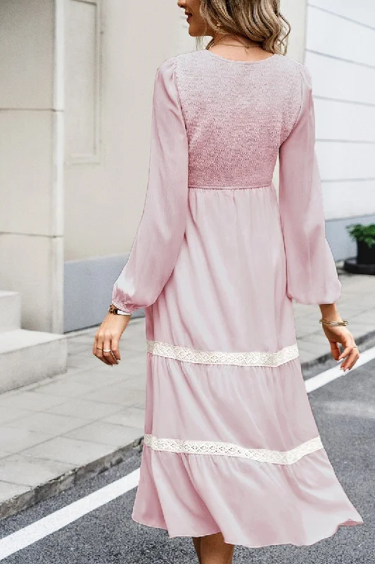 WOMEN LACE TRIM LONG SLEEVE ELEGANT MAXI DRESS Fashionable High-Waist Maxi Dress