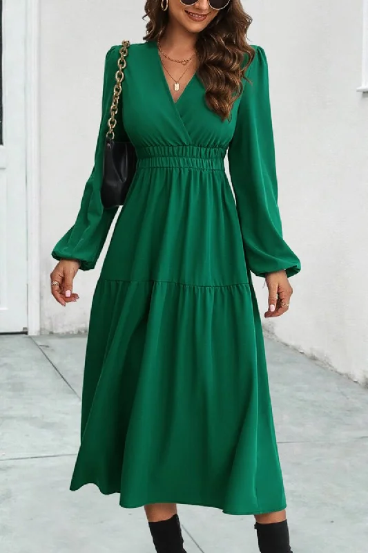 WOMEN ELASTIC WAIST V NECK LONG SLEEVE MAXI DRESS Classic Tulle Maxi Dress