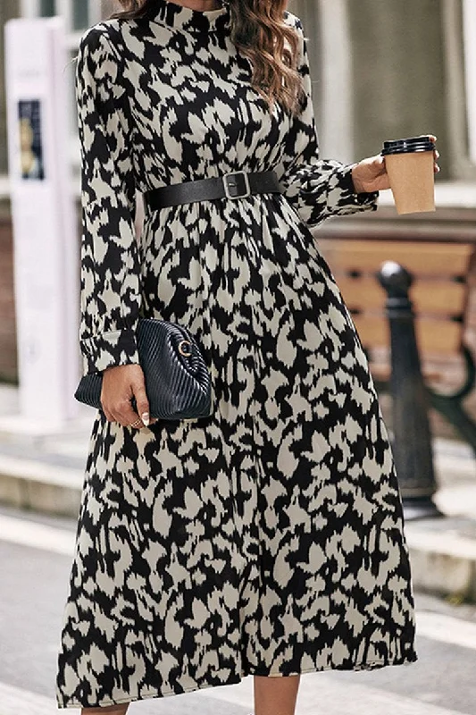 WOMEN HIGH NECK LONG SLEEVE LEOPARD MAXI DRESS Comfortable Ruffle Maxi Dress