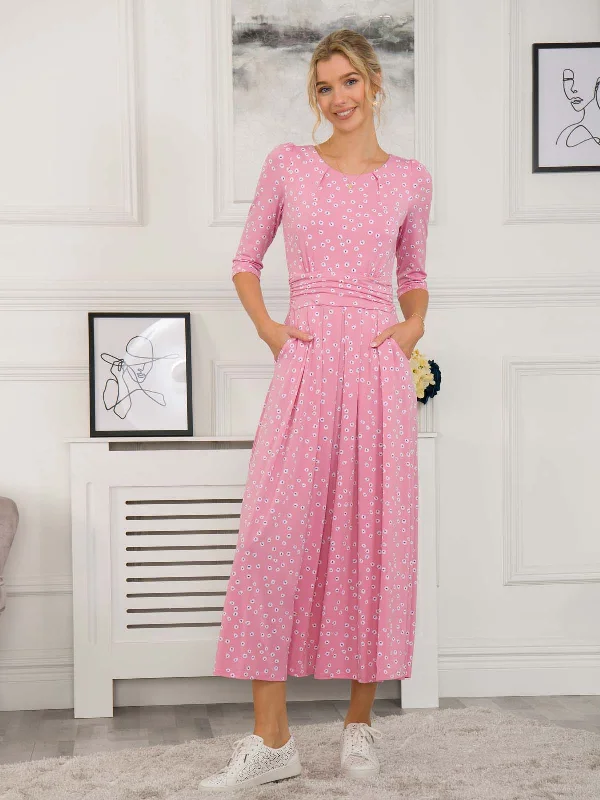 Denisse Spotty Maxi Dress, Dusty Pink Comfortable Maxi Dress with Sleeves