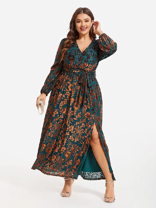 Floral Print Belted Split Wrap Velvet Maxi Dress Elegant Velvet Maxi Dress