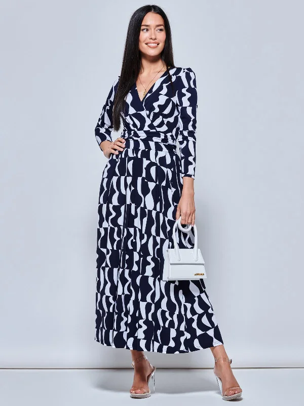 Geometric Print Long Sleeve Maxi Dress, Navy Geo Stylish One-Shoulder Maxi Dress