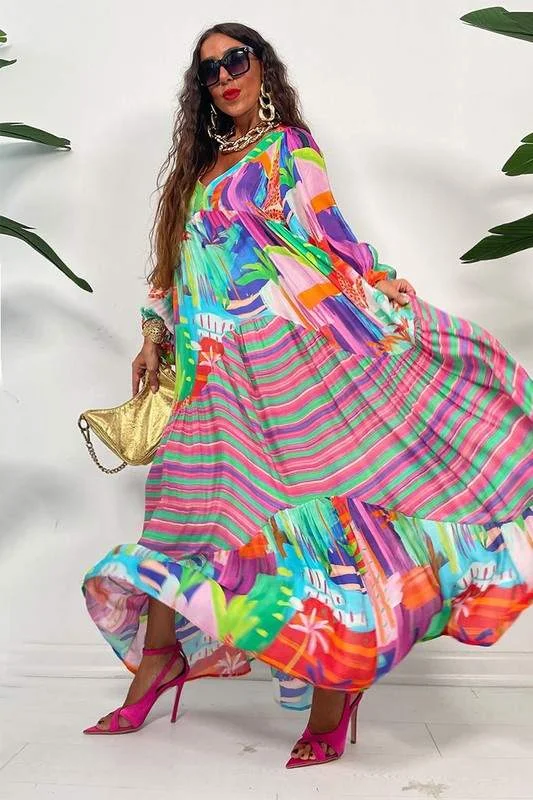 GRAPHIC LONG SLEEVE MAXI DRESS Comfortable Bohemian Maxi Dress